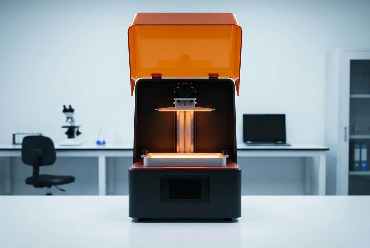 DLP-принтер с открытой рабочей камерой и видимой платформой построения над ванной фотополимера