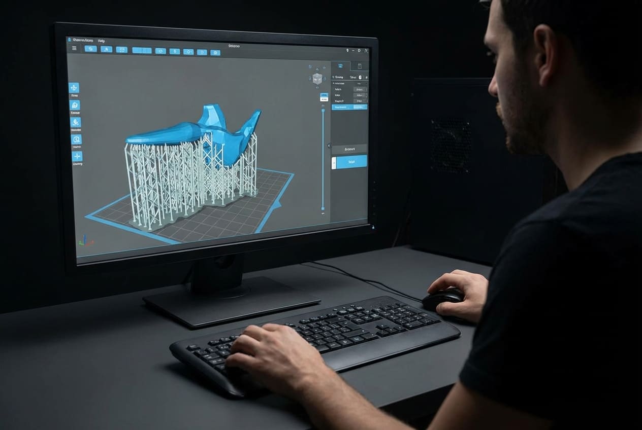Интерфейс программного обеспечения слайсинга с отображением модели, автоматически расставленных поддержек и параметров печати
