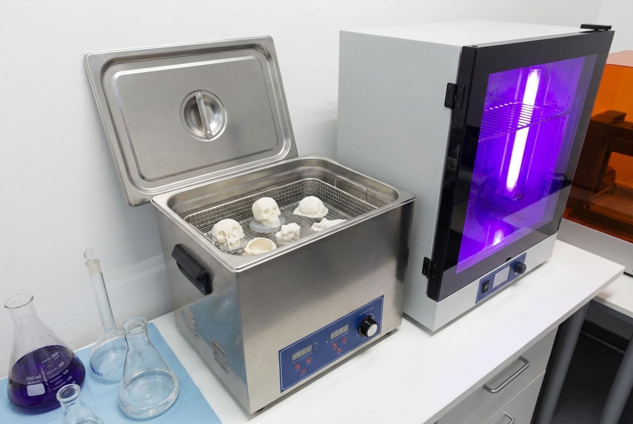 Промывочная станция с напечатанными моделями в изопропиловом спирте и УФ-камера постполимеризации