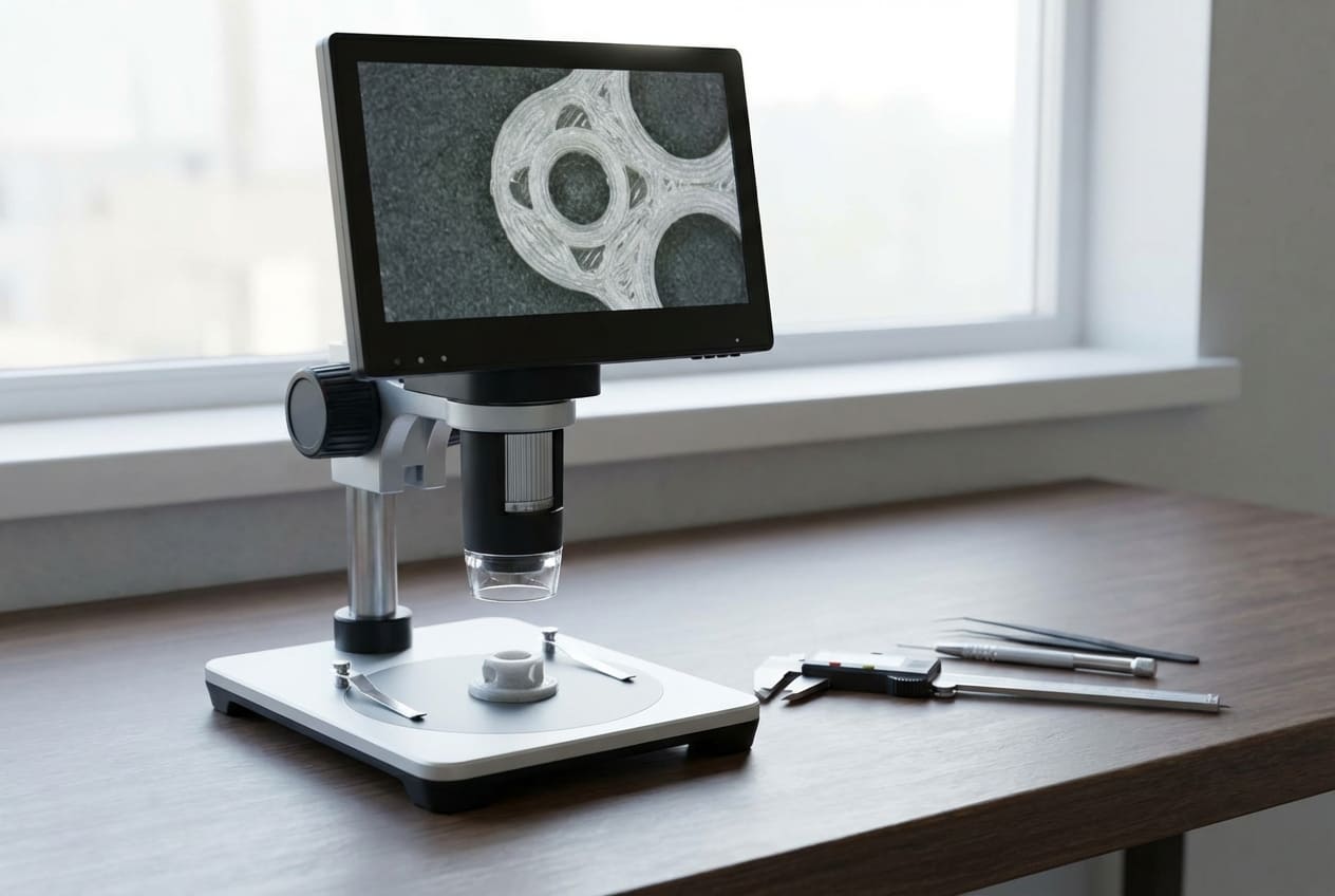 Рабочее место технолога с микроскопом для контроля качества печатных моделей и измерительными инструментами