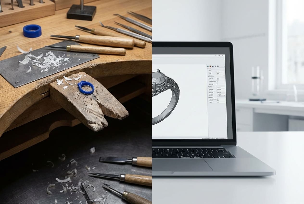 Сравнительная схема традиционного ручного моделирования и цифрового процесса 3D-печати в ювелирном производстве