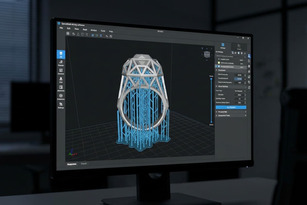 Экран программного обеспечения для подготовки 3D-моделей с отображением автоматически сгенерированных поддержек